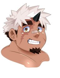 Rule 34 | 1boy, akiha gongen (housamo), bandaid, bandaid on face, bandaid on nose, bara, cropped shoulders, dark-skinned male, dark skin, facial hair, facial scar, goatee, grin, highres, holding, horns, komanokura, looking at viewer, male focus, multicolored hair, portrait, scar, scar across eye, scar on cheek, scar on face, short hair, sideburns, simple background, single horn, smile, solo, thick eyebrows, tokyo houkago summoners, two-tone hair, white background, white hair