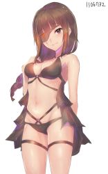 Rule 34 | 1girl, armpits, bad id, bad pixiv id, bare shoulders, bikini, black bikini, blunt bangs, blush, braid, breasts, brown eyes, brown hair, cleavage, closed mouth, cowboy shot, dated, girls&#039; frontline, halterneck, highres, light particles, long hair, looking at viewer, m16a1 (girls&#039; frontline), medium breasts, mole, mole under eye, navel, red hair, saku t, simple background, single braid, smile, solo, standing, stomach, swimsuit, thigh strap, thighs, white background