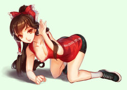 Rule 34 | 1girl, adjusting hair, all fours, alternate costume, areola slip, basketball uniform, bike shorts, bow, breasts, brown hair, cleavage, hair bow, hair tubes, hakurei reimu, highres, long hair, looking at viewer, non-web source, ponytail, red eyes, shoes, simple background, sneakers, socks, softmode, solo, sportswear, touhou, white socks