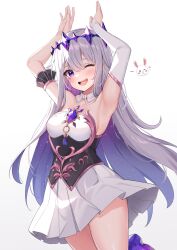 Rule 34 | 1girl, ;d, ardenlolo, arm garter, armpits, arms up, black corset, chest jewel, colored inner hair, corset, crown, detached collar, detached sleeves, dress, gem, grey hair, hololive, hololive english, jewel under eye, koseki bijou, koseki bijou (1st costume), long hair, looking at viewer, multicolored hair, one eye closed, open mouth, pink hair, pleated dress, purple eyes, purple footwear, purple gemstone, rabbit pose, simple background, single detached sleeve, smile, solo, strapless, strapless dress, virtual youtuber, white dress, white sleeves