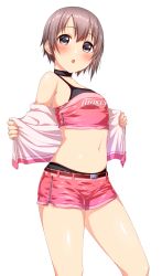 Rule 34 | 1girl, bare shoulders, belt, blush, breasts, character name, choker, clothes writing, crop top, grey eyes, grey hair, idolmaster, idolmaster cinderella girls, jacket, looking at viewer, midriff, navel, off shoulder, open clothes, open jacket, open mouth, otokura yuuki, pink jacket, pink shorts, race queen, short hair, short shorts, shorts, simple background, small breasts, solo, thighs, white background, yoyomura