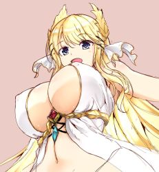 Rule 34 | 1girl, akizuki akina, armpits, azur lane, bare shoulders, blonde hair, blue eyes, breasts, cleavage, commentary request, covered erect nipples, dress, from below, jewelry, large breasts, laurel crown, long hair, navel, open mouth, panties, simple background, sketch, sleeveless, sleeveless dress, solo, underwear, upper body, veil, very long hair, victorious (azur lane), white dress