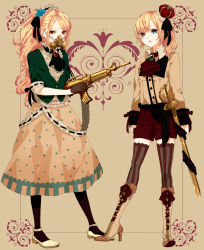Rule 34 | 2girls, ascot, blonde hair, blue eyes, boots, brooch, cross-laced footwear, crown, dress, formal, frills, full body, gas mask, gun, hairband, headdress, high heels, highres, jacket, jewelry, knee boots, lace, lace-up boots, lolita hairband, long hair, long skirt, mary janes, mask, massuru, mini crown, multiple girls, orange eyes, original, parted lips, ponytail, red eyes, ribbon, sheath, sheathed, shoes, shorts, side ponytail, skirt, standing, striped clothes, striped legwear, striped thighhighs, sword, thighhighs, vertical-striped clothes, vertical-striped legwear, vertical-striped thighhighs, weapon, zettai ryouiki
