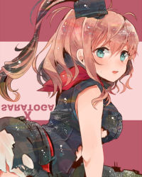 Rule 34 | 10s, 1girl, ascot, black dress, blue eyes, breast pocket, brown hair, character name, dress, itomugi-kun, kantai collection, long hair, looking at viewer, neckerchief, open mouth, pocket, ponytail, red ascot, red neckerchief, saratoga (kancolle), saratoga mk ii (kancolle), side ponytail, solo, torn clothes
