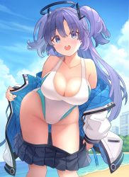Rule 34 | 1girl, :d, absurdres, bare shoulders, beach, black skirt, blue archive, blue sky, blush, breasts, cleavage, clothes pull, collarbone, competition swimsuit, day, groin, halo, highres, jacket, large breasts, long hair, long sleeves, looking at viewer, nomio, ocean, off shoulder, one-piece swimsuit, open clothes, open jacket, open mouth, outdoors, purple hair, skirt, skirt pull, sky, smile, swimsuit, teeth, two side up, undressing, upper teeth only, water, white jacket, white one-piece swimsuit, yuuka (blue archive)