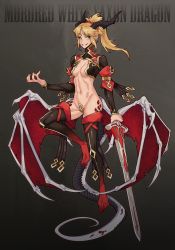 Rule 34 | 1girl, absurdres, alternate costume, blonde hair, breasts, character name, dragon girl, earrings, fate/apocrypha, fate (series), fingernails, gradient background, green eyes, grin, hair ornament, hair scrunchie, highres, holding, holding sword, holding weapon, horns, jewelry, long hair, long sleeves, meow on road, mordred (fate), mordred (fate/apocrypha), navel, pointy ears, ponytail, red scrunchie, scrunchie, sharp fingernails, sharp toenails, small breasts, smile, sword, teeth, toenails, weapon, wings