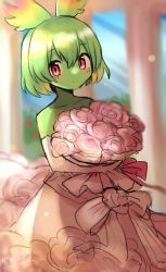 Rule 34 | 1girl, alternate costume, animal ears, bouquet, cellval, colored skin, dress, elbow gloves, flower, gloves, green hair, green skin, highres, kemono friends, looking at viewer, mitorizu 02, multicolored hair, pink dress, pink flower, pink gloves, rainbow hair, red eyes, short hair, solo, wedding dress