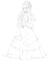 Rule 34 | 1girl, alternate costume, bare shoulders, breasts, cleavage, closed mouth, detached sleeves, dress, floral print, flower, frilled dress, frills, full body, greyscale, hao (patinnko), jewelry, kongou (warship girls r), long hair, looking at viewer, monochrome, ring, sketch, smile, solo, standing, veil, warship girls r, wedding band, wedding dress, wide sleeves