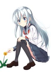 Rule 34 | 10s, 1girl, aqua eyes, aqua hair, black thighhighs, blue skirt, blush, dandelion, flower, from side, full body, hand on own knee, hibiki (kancolle), highres, kantai collection, knees together feet apart, knees up, loafers, long hair, long sleeves, neckerchief, no headwear, pleated skirt, sailor collar, school uniform, seki (l0410706268), serafuku, shoes, simple background, sitting, skirt, smile, solo, squatting, thighhighs, white background