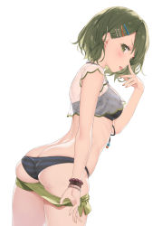Rule 34 | 1girl, :p, ass, back, bikini, black bikini, blush, bra, bracelet, breasts, clothes pull, finger to eye, fingernails, frown, green eyes, green hair, hair ornament, hairclip, highres, idolmaster, idolmaster shiny colors, jewelry, kani biimu, looking at viewer, medium breasts, nanakusa nichika, panties, pulling own clothes, see-through, short hair, shorts, shorts pull, simple background, skindentation, solo, standing, striped bra, striped clothes, striped panties, swimsuit, thighs, tongue, tongue out, underwear, undressing, white background