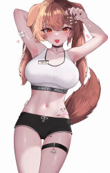 Rule 34 | 1girl, absurdres, alternate costume, animal ears, armpits, arms up, artist name, bandaid, bandaid on arm, black choker, black shorts, blush, bone hair ornament, breasts, brown eyes, brown hair, brown nails, cartoon bone, choker, collarbone, commentary, dog ears, dog girl, dog tail, dot nose, fang, fingernails, hair ornament, hand in own hair, heart, highres, hip tattoo, hololive, inugami korone, kkato, large breasts, leg tattoo, long hair, looking at viewer, nail polish, name tag, navel, open mouth, paw print, pink bandaid, short shorts, shorts, simple background, skin fang, solo, sports bra, standing, tail, tattoo, teeth, thigh gap, thigh strap, tongue, twintails, virtual youtuber, white background, white sports bra