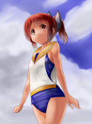 Rule 34 | 10s, 1girl, araki (qbthgry), bare shoulders, blue sky, blush, brown eyes, brown hair, clenched hand, cloud, day, i-401 (kancolle), kantai collection, one-piece swimsuit, personification, ponytail, sailor collar, school swimsuit, short hair, short ponytail, sky, smile, solo, swimsuit, swimsuit under clothes
