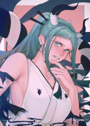 Rule 34 | 1girl, alternate hair color, artist name, bandages, bare arms, bare shoulders, blue eyes, bright pupils, clenched teeth, crying, crying with eyes open, earrings, green hair, hand on own chin, hands up, high ponytail, highres, hoop earrings, horns, japanese clothes, jewelry, lips, long hair, looking at viewer, muted color, mygiorni, one piece, oni, rope, shimenawa, solo, streaming tears, tears, teeth, upper body, white pupils, yamato (one piece)
