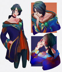 Rule 34 | 1boy, absurdres, black hair, choker, collarbone, earrings, hair over one eye, hand in pocket, highres, hwei (league of legends), jewelry, league of legends, long hair, looking at viewer, looking back, male focus, multiple views, paint in hair, paint on body, paint on clothes, paint splatter, paint splatter on face, purple choker, sume chi (suijou10)
