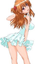 Rule 34 | 1girl, ass, blue eyes, blush, breasts, choker, covered erect nipples, dress, from behind, hair ornament, hanzaki jirou, hip focus, interface headset, large breasts, legs, long hair, looking at viewer, looking back, neon genesis evangelion, open mouth, orange hair, panties, sleeveless, sleeveless dress, smile, souryuu asuka langley, thighs, twintails, underwear, white dress, white panties