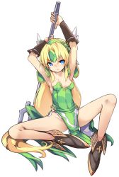 Rule 34 | 1girl, armor, armpits, arms up, black footwear, blonde hair, blue eyes, boots, breasts, covered navel, dress, forehead jewel, full body, green dress, groin, highres, holding, holding weapon, karukan (monjya), long hair, looking at viewer, no panties, parted bangs, parted lips, pauldrons, pelvic curtain, riesz, seiken densetsu, seiken densetsu 3, shoulder armor, simple background, small breasts, solo, spread legs, strapless, strapless dress, very long hair, weapon, white background