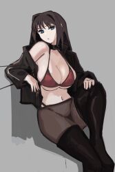 Rule 34 | 1girl, aozaki aoko, black jacket, blue eyes, boots, bra, breasts, brown hair, commentary, english commentary, hair intakes, highres, jacket, jonyeld, large breasts, long hair, mahou tsukai no yoru, pantyhose, red bra, simple background, solo, thigh boots, type-moon, underwear