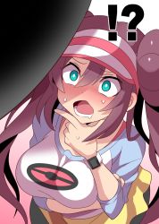 Rule 34 | !?, 1girl, aqua eyes, black pantyhose, blush, breasts, bright pupils, brown hair, creatures (company), double bun, finger to mouth, game freak, gradient background, hair between eyes, hair bun, hand on own chin, highres, konno tohiro, large breasts, long hair, lower teeth only, nintendo, open mouth, pantyhose, penis awe, phallic symbol, pink background, pokemon, pokemon bw2, pokemon masters ex, raglan sleeves, rosa (pokemon), sexually suggestive, shirt, shorts, silhouette, sleeves past elbows, solo, stroking own chin, teeth, twintails, visor cap, watch, white background, wristwatch, yellow shorts