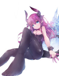 Rule 34 | 10s, 1girl, :3, black leotard, black pantyhose, blue eyes, blush, breasts, breasts out, closed mouth, dragon girl, dragon horns, dragon tail, elizabeth bathory (fate), elizabeth bathory (fate/extra ccc), fate/extra, fate/extra ccc, fate (series), feet, grey background, highres, horns, icicle, knee up, legs, leotard, light smile, long hair, looking at viewer, nipples, nontraditional playboy bunny, pantyhose, playboy bunny, purple hair, simple background, sitting, small breasts, soles, solo, tail, thighs, toes, twiska (doubitian), wrist cuffs