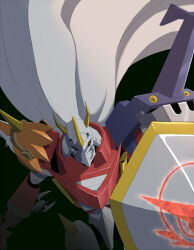 Rule 34 | digimon, digimon (creature), looking at viewer, red eyes, shield, shoutmon x4k, solo, sword, weapon