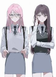 Rule 34 | 2girls, backpack, bag, bang dream!, bang dream! it&#039;s mygo!!!!!, black sweater, blue necktie, brown hair, chihaya anon, closed mouth, collared shirt, commentary, crossed arms, dress shirt, earrings, glasses, grey eyes, grey skirt, grey sweater vest, hand up, highres, jewelry, long hair, long sleeves, looking at viewer, mole, mole under eye, multiple girls, necktie, pencil skirt, pink hair, purple eyes, qing yan xia, school uniform, shiina taki, shirt, simple background, skirt, sweater, sweater vest, white background, white shirt