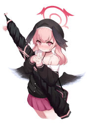 Rule 34 | 1girl, absurdres, beret, black cardigan, black hat, black wings, blue archive, blush, cardigan, closed mouth, gun, halo, hat, head wings, highres, interlocked fingers, jinfengkaze, koharu (blue archive), long sleeves, looking at viewer, low wings, medium hair, off shoulder, own hands together, pink eyes, pink hair, pink skirt, pleated skirt, rifle, sailor collar, school uniform, simple background, skirt, snail, solo, sweat, twintails, weapon, white background, white sailor collar, wings