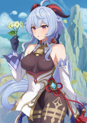 Rule 34 | 1girl, absurdres, ahoge, bare shoulders, bell, black gloves, black legwear, black leotard, blue hair, blush, bodystocking, bodysuit, bow, breasts, chestnut mouth, chinese knot, covered erect nipples, crotch, detached sleeves, eyebrows hidden by hair, flower, flower knot, ganyu (genshin impact), genshin impact, gloves, gold trim, groin, hair between eyes, highres, holding, holding flower, horns, legs together, leotard, leotard under clothes, long hair, looking at viewer, low ponytail, medium breasts, mountain, neck bell, outdoors, parted lips, pelvic curtain, purple eyes, qingxin flower, red rope, rope, scenery, sidelocks, solo, tassel, thighlet, thighs, vision (genshin impact), vmf12345, waist cape, white flower, white sleeves