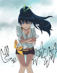Rule 34 | 1girl, a1 (initial-g), black hair, blue eyes, bow, clenched teeth, cold, crossed arms, ganaha hibiki, hair bow, idolmaster, idolmaster (classic), jewelry, long hair, necklace, ponytail, shorts, snow, solo, teeth, thigh gap, wind
