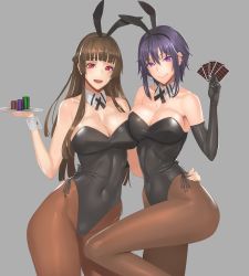 Rule 34 | 2girls, :&gt;, :d, alessandra (damegane), animal ears, argyle, bare shoulders, black gloves, black legwear, blunt bangs, breast press, breasts, brown hair, card, cleavage, covered navel, damegane, detached collar, ear piercing, elbow gloves, eyebrows, fake animal ears, gloves, grey background, hands on another&#039;s hips, highres, holding, holding card, holding tray, jewelry, knee up, large breasts, leg up, leotard, long hair, looking at viewer, multiple girls, open mouth, original, pantyhose, piercing, playboy bunny, poker chip, purple eyes, purple hair, rabbit ears, red eyes, sakura (damegane), short hair, short hair with long locks, sidelocks, simple background, smile, straight hair, thick thighs, thighs, tray, wrist cuffs