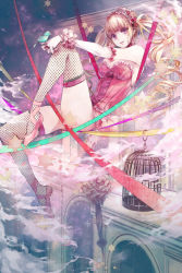 Rule 34 | 1girl, ballet slippers, bird, birdcage, blonde hair, bracelet, bustier, cage, cross-laced footwear, drill hair, fishnet thighhighs, fishnets, hairband, hexagram, hina (xoxo), jewelry, karneval, legs, long hair, pink eyes, ribbon, ring, solo, thighhighs, tsukumo (karneval), twin drills, twintails, umbrella, wristband