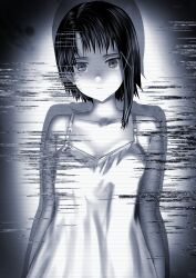 Rule 34 | 1girl, :|, absurdres, camisole, closed mouth, collarbone, commentary, english commentary, expressionless, eye reflection, glitch, greyscale, hair ornament, highres, iwakura lain, kein hasegawa, looking at viewer, monochrome, reflection, scanlines, serial experiments lain, short hair, solo, upper body, x hair ornament