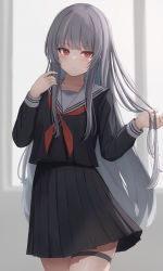 Rule 34 | 1girl, black serafuku, black skirt, blush, closed mouth, collarbone, grey hair, highres, holding, holding own hair, indoors, long hair, long sleeves, neckerchief, original, pleated skirt, red eyes, red neckerchief, sailor collar, school uniform, serafuku, skirt, solo, standing, tanshio, thigh strap, white sailor collar