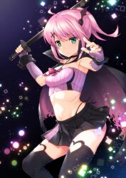 Rule 34 | 1girl, ahoge, armpits, artist request, bad id, bad pixiv id, black thighhighs, breasts, cape, chiyoda momo, choker, closed mouth, dark, demon girl, elbow gloves, fighting stance, fingerless gloves, gloves, green eyes, highres, holding, holding weapon, katana, looking at viewer, machikado mazoku, magical girl, midriff, navel, panty straps, pink hair, ponytail, scar, scar on stomach, serious, sidelocks, skirt, small breasts, solo, sparkle, sword, tagme, thighhighs, third-party source, wallpaper, weapon, wrist cuffs, zettai ryouiki