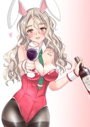 Rule 34 | 1girl, absurdres, alcohol, animal ears, between breasts, black pantyhose, bottle, breasts, brown eyes, cleavage, commentary request, cowboy shot, cup, detached collar, drinking glass, fake animal ears, gradient background, green necktie, grey hair, hair between eyes, highres, italian commentary, kantai collection, leotard, looking at viewer, medium breasts, necktie, nitamako (sakamalh), open mouth, pantyhose, playboy bunny, pola (kancolle), rabbit ears, red background, red leotard, solo, strapless, strapless leotard, teeth, thick eyebrows, thighband pantyhose, upper teeth only, wavy hair, white background, wine, wine bottle, wine glass, wrist cuffs