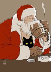Rule 34 | 1boy, alcohol, animal, animal on lap, bara, beer, black cat, cat, cat on lap, christmas, drinking, facial hair, fake beard, fake facial hair, hat, kokorozashi, large pectorals, male focus, mature male, medium sideburns, muscular, muscular male, on lap, one piece, pectoral cleavage, pectorals, santa costume, santa hat, scar, scar on face, scar on forehead, short hair, sideburns stubble, smoker (one piece), solo, sparse stubble, stitches, stubble, tsurime, upper body, white hair