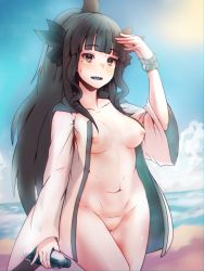 Rule 34 | absurdres, artemis of the blue, atelier live, beach, black eyes, black hair, bottle, breasts, breasts apart, cleft of venus, coat, exhibitionism, highres, holding, holding bottle, huge filesize, medium breasts, naked coat, navel, neroshi, nipples, ocean, open clothes, open coat, open mouth, public indecency, pussy, shark fin, shark girl, sharp teeth, solo, stomach, teeth, thighs, virtual youtuber, water bottle