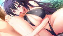 Rule 34 | 1girl, atelier kaguya, baku ane ~otouto shibocchau zo!~, blush, breasts squeezed together, breasts, cameltoe, censored, choco chip, cleavage, covered erect nipples, fellatio, game cg, hayasaki mio, huge breasts, kneepit sex, legs, long hair, mosaic censoring, open mouth, oral, penis, purple hair, red eyes, sitting, solo focus, spread legs, standing, sweat, swimsuit, thigh sex, thighs