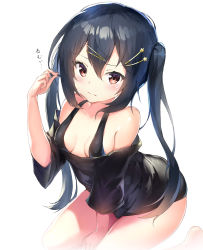 Rule 34 | 1girl, arms between legs, bad id, bad pixiv id, barefoot, black hair, blush, breasts, brown eyes, covered erect nipples, hair between eyes, hair ornament, hairclip, highres, long hair, looking at viewer, loose clothes, loose shirt, original, rekareka, shirt, simple background, small breasts, solo, twintails, very long hair, white background