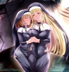 Rule 34 | 2girls, after kiss, andrew (duel angel), blonde hair, blush, breast press, breasts, brown hair, commentary, duel monster, exosister elis, exosister stella, eyes visible through hair, gloves, green eyes, hand on another&#039;s hip, height difference, highres, holding hands, large breasts, long hair, looking at another, medium breasts, multiple girls, nun, orange eyes, saliva, saliva trail, symmetrical docking, traditional nun, white gloves, yu-gi-oh!, yuri