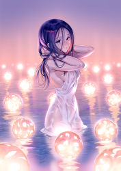 Rule 34 | 1girl, armpits, arms up, artist name, breasts, covered navel, dress, from side, hair between eyes, hands in hair, highres, lantern, long hair, looking at viewer, looking to the side, medium breasts, midori foo, original, parted lips, purple eyes, purple hair, see-through, sideboob, signature, sleeveless, sleeveless dress, wading, water, wet, wet clothes, wet dress, white dress