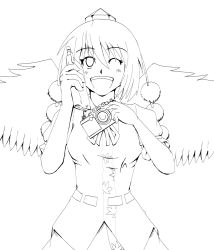 Rule 34 | 1girl, breasts, camera, female focus, greyscale, hat, highres, kouno ibuki, lineart, looking at viewer, mechanical pencil, medium breasts, monochrome, notebook, one eye closed, open mouth, pencil, shameimaru aya, short hair, smile, solo, tokin hat, touhou, wings, wink