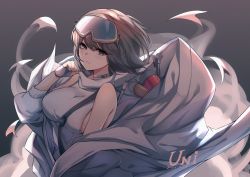 Rule 34 | 1girl, absurdres, arknights, artist name, breasts, chinese commentary, commentary request, dated, fingerless gloves, gloves, goggles, goggles on head, grey background, grey choker, grey eyes, grey gloves, grey hair, highres, jacket, large breasts, looking at viewer, medium hair, open clothes, open jacket, paintbrush, parted lips, roberta (arknights), shirt, sideboob, simple background, sleeveless, sleeveless shirt, smoke, solo, strap, unique (pixiv12704744), white jacket, white shirt