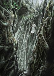 Rule 34 | 1girl, bare arms, bare shoulders, barefoot, bayashiko, dress, fantasy, forest, hanging, highres, leaf, looking at viewer, mangrove, nature, original, plant, roots, scenery, short hair, silver hair, solo, white dress, wide-eyed, yellow eyes