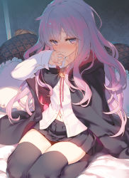 Rule 34 | 1girl, black thighhighs, blush, bolo tie, cloak, closed mouth, dress shirt, embarrassed, flat chest, hand to own mouth, hood, hooded cloak, long hair, louise francoise le blanc de la valliere, midriff peek, miniskirt, navel, on bed, open cuffs, partially unbuttoned, pentacle, pentagram, pink eyes, pink hair, pleated skirt, shirt, sitting, skirt, sleeves past wrists, solo, tatami to hinoki, textless version, thighhighs, wariza, zero no tsukaima, zettai ryouiki
