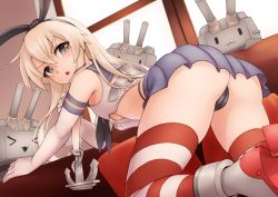 Rule 34 | 10s, 1girl, all fours, ass, black panties, blonde hair, cameltoe, couch, crop top, dutch angle, elbow gloves, gloves, hairband, highleg, highleg panties, highres, indoors, kantai collection, lifebuoy, long hair, looking at viewer, microskirt, miniskirt, open mouth, panties, pokke (pokke-chan), rensouhou-chan, sailor collar, school uniform, serafuku, shimakaze (kancolle), skindentation, skirt, solo, striped clothes, striped thighhighs, swim ring, thighhighs, thighs, thong, triangle mouth, underwear, white gloves