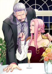 Rule 34 | 1boy, 1girl, beard stubble, black jacket, cigar, commentary request, dress, earrings, facial hair, hand on table, highres, hina (one piece), holding necktie, jacket, jewelry, kafuyutns, looking at another, necklace, necktie, necktie grab, neckwear grab, on chair, one piece, open mouth, pink hair, plant, potted plant, sidelocks, smoker (one piece), stitched face, stitches, stubble, table, undercut, white hair