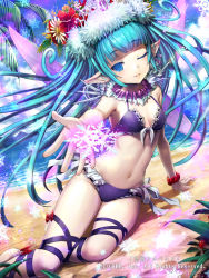 Rule 34 | 1girl, ;), arm support, beach, bikini, blue eyes, blue hair, blue sky, blunt bangs, breasts, cleavage, day, floating hair, frilled bikini, frills, gabiran, groin, leg ribbon, long hair, looking at viewer, navel, ocean, official art, one eye closed, outdoors, outstretched arm, parted lips, pointy ears, purple bikini, purple ribbon, red scrunchie, ribbon, scrunchie, seisen cerberus, sky, small breasts, smile, snowflakes, solo, swimsuit, thigh ribbon, very long hair, wrist scrunchie