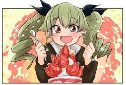 Rule 34 | 1girl, :d, anchovy (girls und panzer), barashiya, black border, black jacket, black ribbon, blush, border, cake, casual, clenched hand, commentary request, drill hair, food, fruit, girls und panzer, green hair, hair ribbon, highres, holding, holding spoon, jacket, long hair, long sleeves, looking at viewer, open mouth, outside border, red eyes, ribbon, smile, solo, spoon, strawberry, twin drills, twintails, upper body