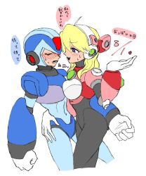 Rule 34 | 1boy, 1girl, alia (mega man), android, arm around waist, blonde hair, blue eyes, blush, breast press, breasts, capcom, embarrassed, closed eyes, gloves, helmet, highres, large breasts, long hair, open mouth, robot ears, mega man (series), mega man x (series), simple background, sweatdrop, translation request, white background, white gloves, x (mega man)