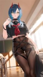 Rule 34 | 1girl, alternate costume, azur lane, belt, belt collar, black belt, black hairband, black nails, black panties, black sailor collar, black serafuku, black shirt, blue hair, blurry, blurry background, bracelet, breasts, brown pantyhose, chain, cirilla lin, classroom, closed mouth, collar, colored tips, crop top, crop top overhang, dappled sunlight, duplicate, eyes visible through hair, fake horns, feet out of frame, hair between eyes, hair over shoulder, hairband, hand up, harness, highres, holding, horned headwear, horns, indoors, jewelry, legs together, looking at viewer, medium breasts, medium hair, midriff, multicolored hair, multiple rings, nail polish, neckerchief, o-ring, o-ring bottom, o-ring panties, panties, panties over pantyhose, pantyhose, pixel-perfect duplicate, red horns, red neckerchief, ring, sailor collar, school uniform, serafuku, shirt, short sleeves, side-tie panties, sidelocks, skindentation, skirt, unworn skirt, slit pupils, solo, spiked bracelet, spikes, standing, string panties, sunlight, swept bangs, thigh gap, thighband pantyhose, two-tone hair, ulrich von hutten (azur lane), underwear, white hair, yellow eyes